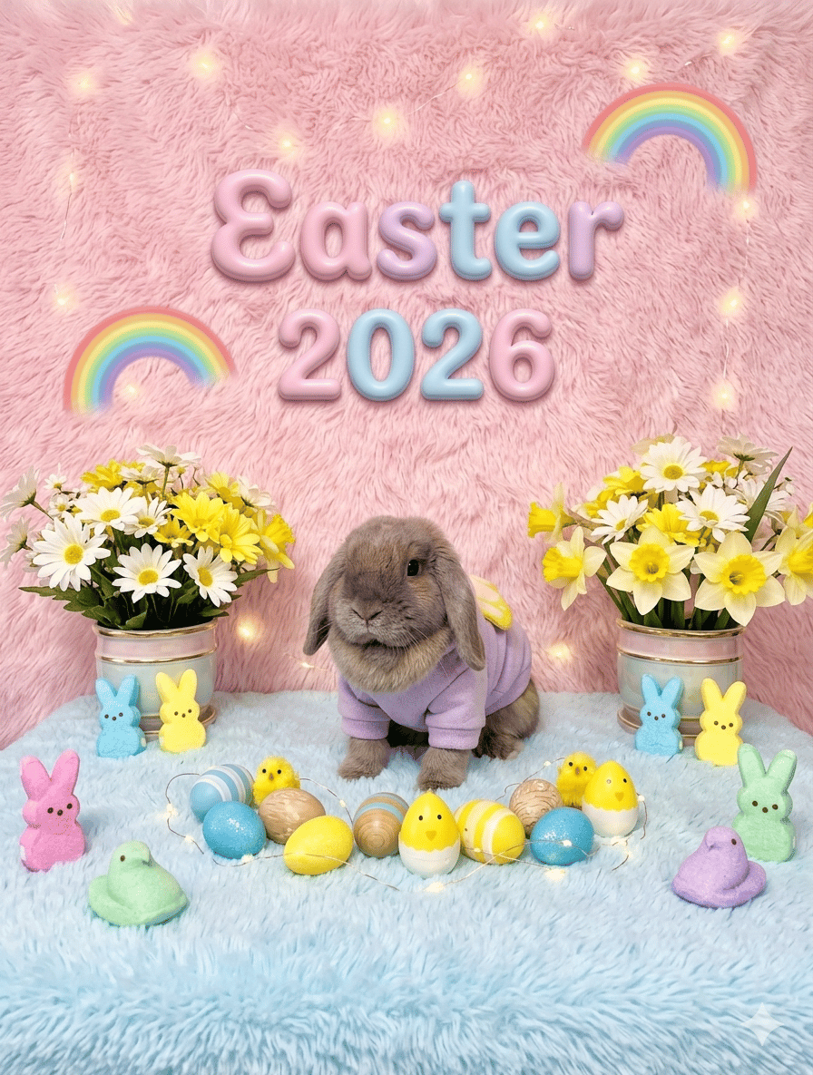 A freshly groomed brown lop bunny in a lilac hoodie, sitting in an Easter photo set